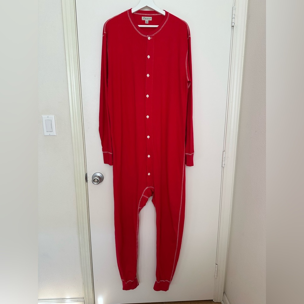 J. Crew Knit Goods Union Suit One Piece Pajamas Men's Sz Large Red 100% COTTON